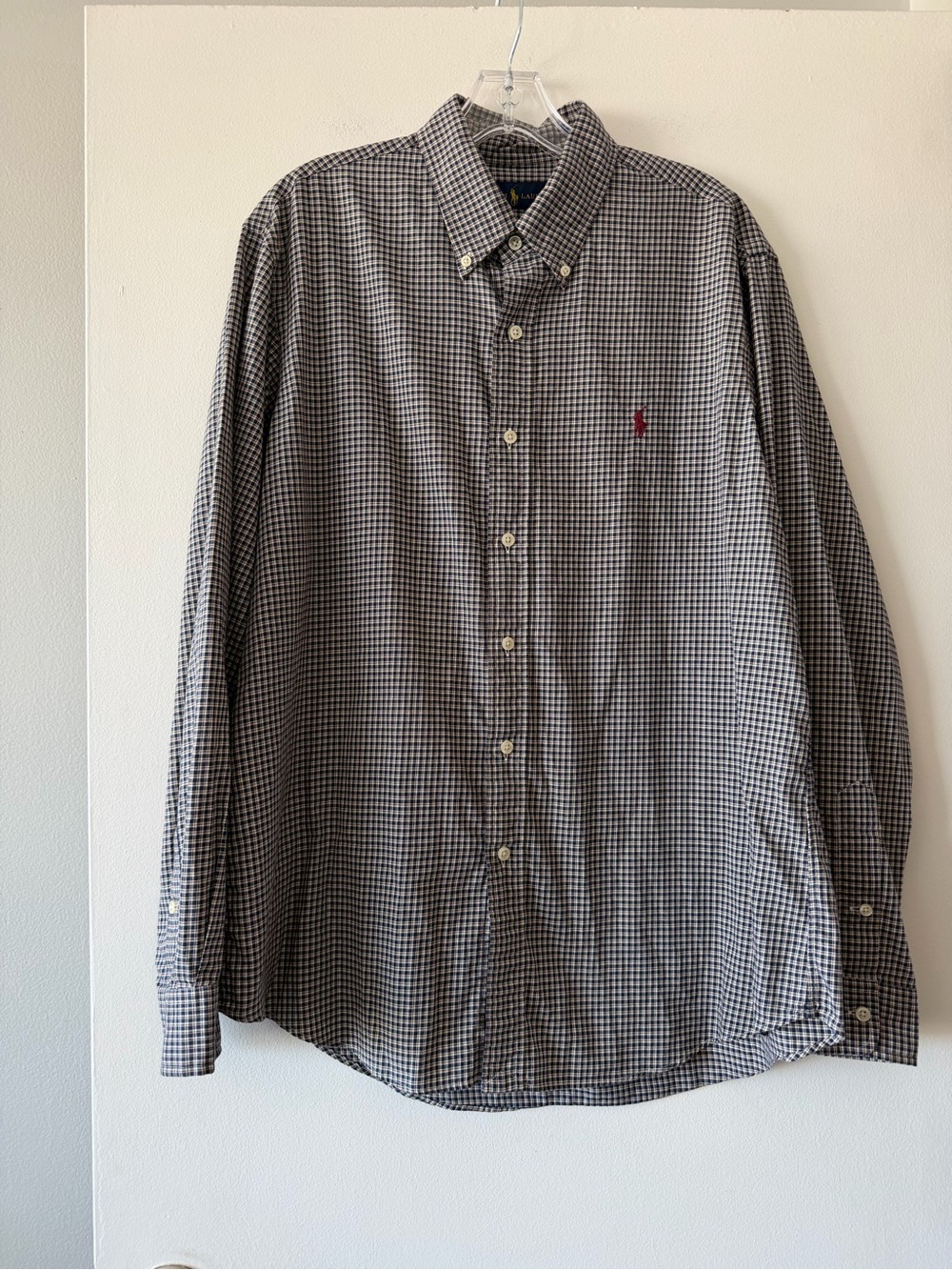 Polo Ralph Lauren Shirt Men’s Large L Custom Fit Blue Tan Plaid Long Sleeve